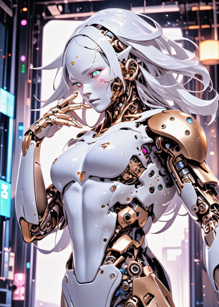 artwork by Katsuya Terada 8K, HD from the waist up, intricately detailed masterpiece,  a Robot Butler with her metallic hairdo in sexy braless, pantyhose, scales, roots, tights, the robot maid no bra, big boobs, transparent, glowing eyes, blue iris and black eyeball, medium shot, platinum white hair, organic shapes, hard edges, anatomically correct body,  sexy pose, hyper-realistic, Robot Butler elegant, cinematic lighting, highly detailed, intense colors, octane rendered  Robot Butler, surreal mood, award-winning picture, glowing rich colors, iridescent accents, dramatic shadows, dynamic and atmospheric lighting, anamorphic lens, sharp focus, intricate high-detail masterpiece by Katsuya Terada, in the STYLE of Katsuya Terada