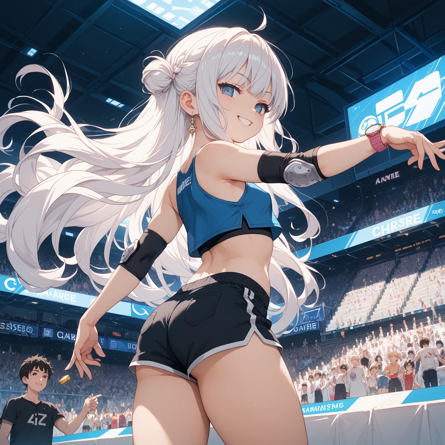 (Extreme Detail CG Unity 8K Wallpapers,tmasterpiece,Highest image quality),(Delicate light and shadow,The picture is highly dramatic,Cinematic lens effect)A student babes full of youthful energy、Silver shiny hair、Sporty wind、self-assured、vibrancy、Tall、slim、shairband、Bundle up、Sports-style clothing、Light-colored sports suit、self-assured、vibrancy、Tall、slim、shairband、Bundle up、youthfulenergy、Sports-style clothing、Bright colors、Thin waistband、Fashionab、Wrist watch、Bracelet、White sneakers、ssmile、resolution、vibrancy、sport、Sports hand straps、hair pin、Hair rope、Headbands、Bracelet、Anklets、Leg socks、耳Nipple Ring、Falling debris、with beautiful colors、youthfulenergy、adolable、quadratic element、Brush stroke、中景 the scene is、The whole body is like best quality, high resolution