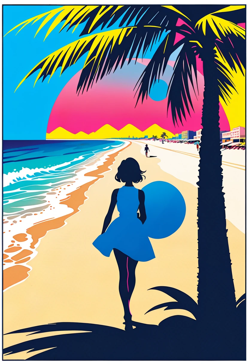 "Hand drawn nostalgic t-shirt design，The blue sky and white clouds of Sunny Beach are a beautiful scenery，Bikini woman walking, The shadow of the coconut tree falls gracefully. Add dynamic lines to enhance visual storytelling."