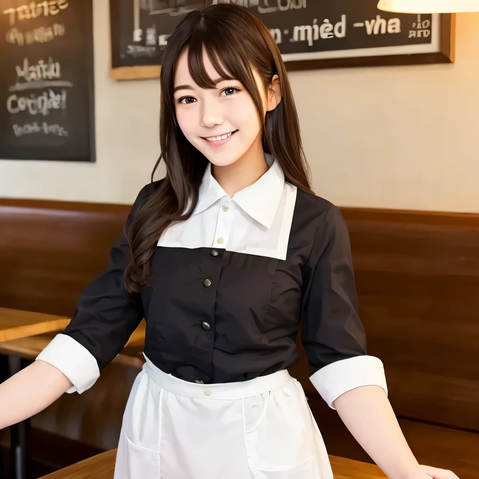 A girl is working as a waitress in a cozy cafe. She's wearing a classic maid outfit. The air feels warm and calm, and it's like you can almost smell the coffee through the picture. Dark hair, long hair, dark eyes.