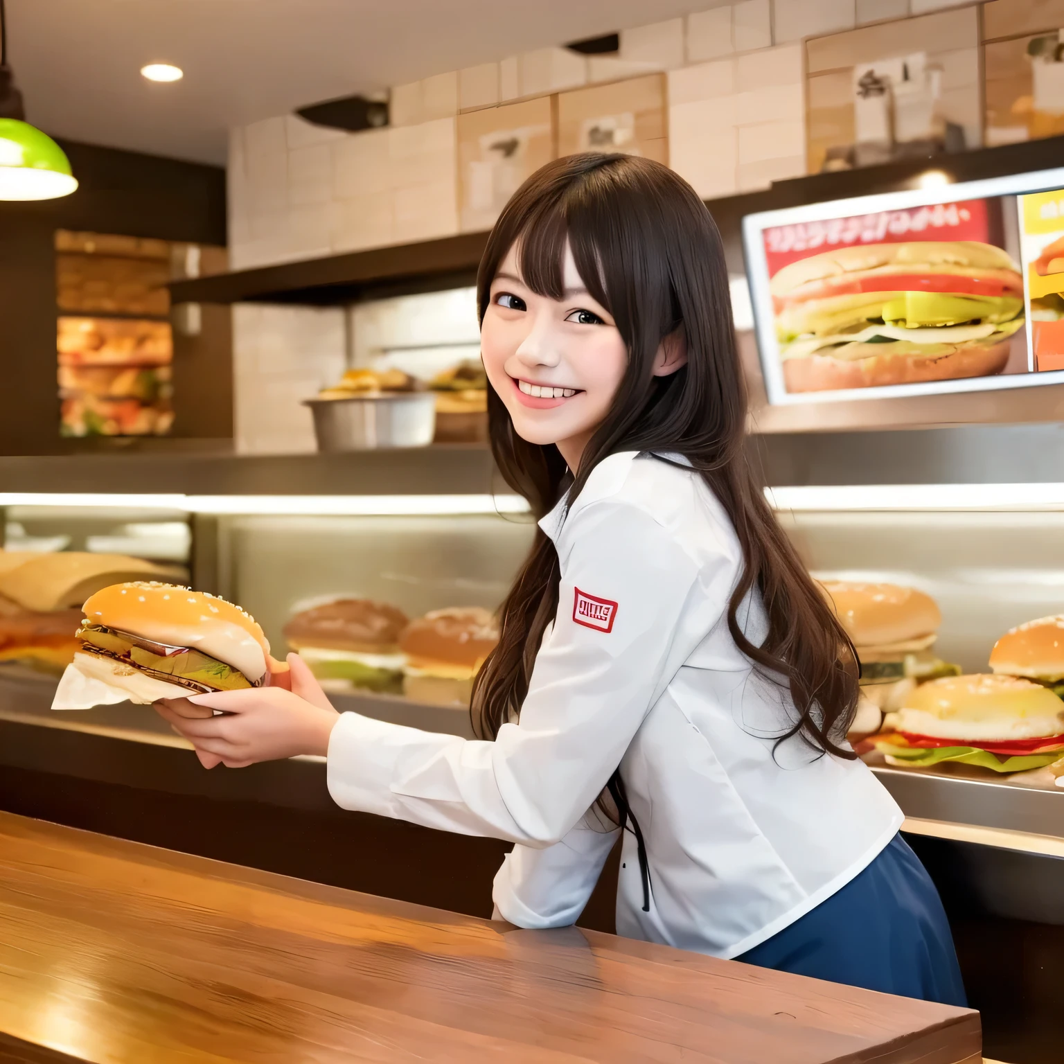 She is a cheerful girl working behind the counter at a cozy burger shop. She is wearing a cute burger shop uniform and smiling warmly at the customers. The background shows a bright and clean fast food counter with menu boards. Dark hair, long hair, dark eyes.