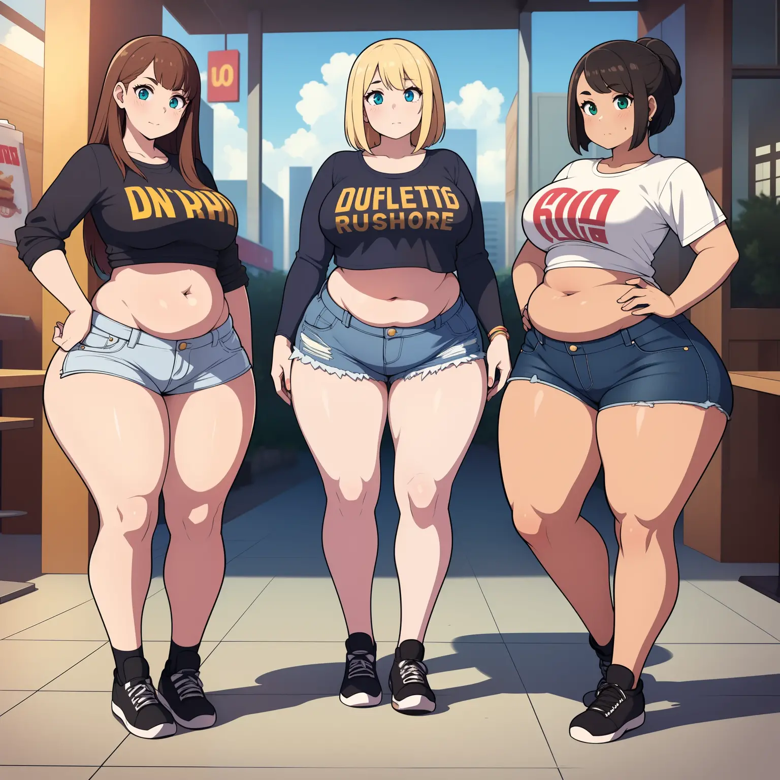 ((highres)), Masterpiece, high quality, best quality, beautiful, perfect lighting, detailed face, ultra cute face, cowboy shot, ((1girl)), ((solo)), looking at viewer, skindentation, ((blushing)), shocked, embarrassed, short orange hair, green eyes, glasses, freckles, jeans, tank top, jacket, tight clothes, full body, grocery store, standing in a grocery store, hand on hip, medium breasts, perky breasts, cleavage, ((wide hips)), ((thick thighs)), chubby,