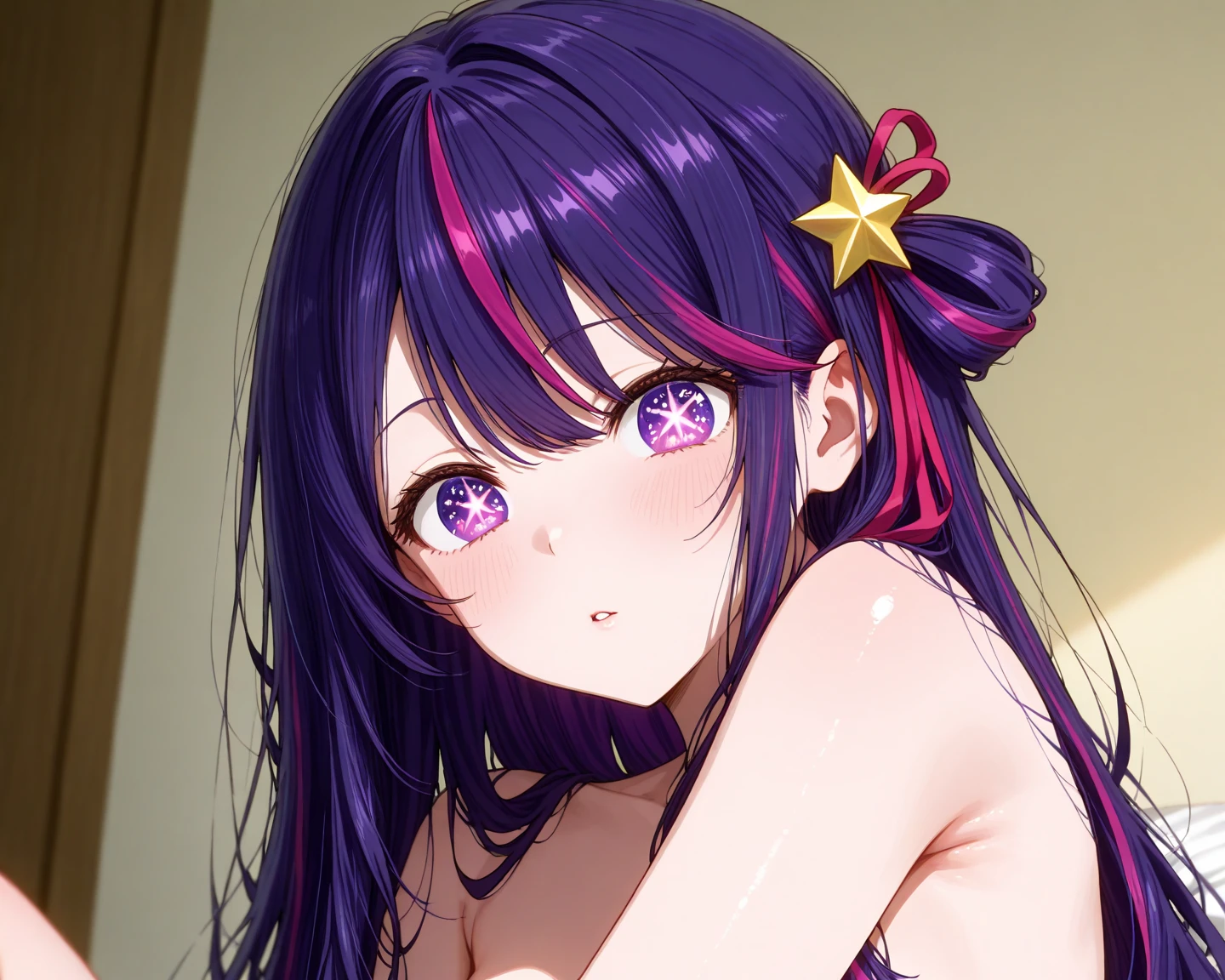 (8k, Ultra-high resolution, The best masterpiece, best quality:1.2), Very detailed, Complete Solution, (actual, actual photo: 1.37), portrait, focus on eyes, HD RAW photos, career arrest, High quality and beautiful, 超高清 8k 影像照片, confess, Professional photography, Very detailed的美麗女孩, Super delicate face shape, Contoured eyes, (Very detailed eyes), Precisely shaped nose, expressive lips, Delicate skin, (HD Skin:1.2), Neatly contoured fingers, Every feature is carefully displayed, (20:1.2), Twenty generations, cute girl, young beautiful mother, solo, Ai Hoshino, Hoshino Ai, Permanent, (), Vibrant look, (), Dynamic dark purple long hair, shiny purple eyes, (Star-shaped pupil:1.5), one hand raised, Sensual, exuding maternal love, perfect anatomy, Detailed background, HD Background, Volumetric lighting, actual, stunning details, 8k Ultra HD, high quality, CG unity, C4D Rendering, 3D Rendering, Octane Rendering,