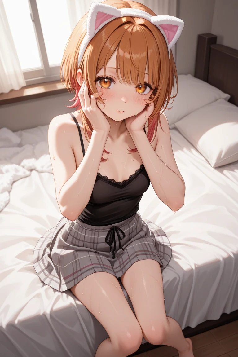 (looking upsideforward view:1.3), solo, orange red curl inside hair, big forehead, sexy eyeliner, pastel orange red  color nightgown, collarbone, blush,  (pastel orange red  color see-through), pastel orange red  color lace trimming, (embarrassed and surprised expression), (I'm the main character:1.2), quietly, indoors, bedroom, bed, kneeling on bed, theater lights,(ukiyo-e)