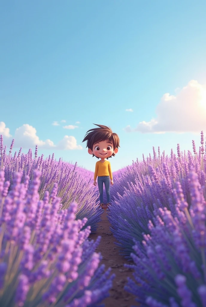 A 3d animation character from behind. Pixar style. Standing in a top of small mountain. Looking to a large land of lavender flowers.