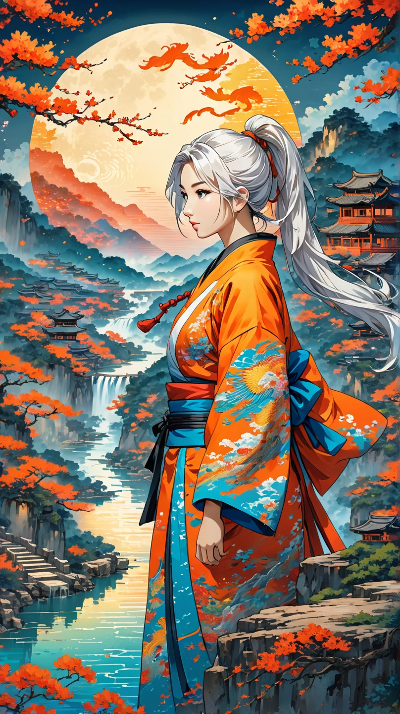 fluorescent horizon,
a ninja (Woman) with long white hair (Ponytail Hairstyle) standing on a cliff with a full moon (Very Big), a Chinese Phoenix facing the ninja on the cliff, a stream running at the bottom of the cliff and a village in the distance, hand drawn painting style, digital artwork, Highest quality, High image quality, Math Art, Detailed background, Depth of field, Image fill, Excellent quality,