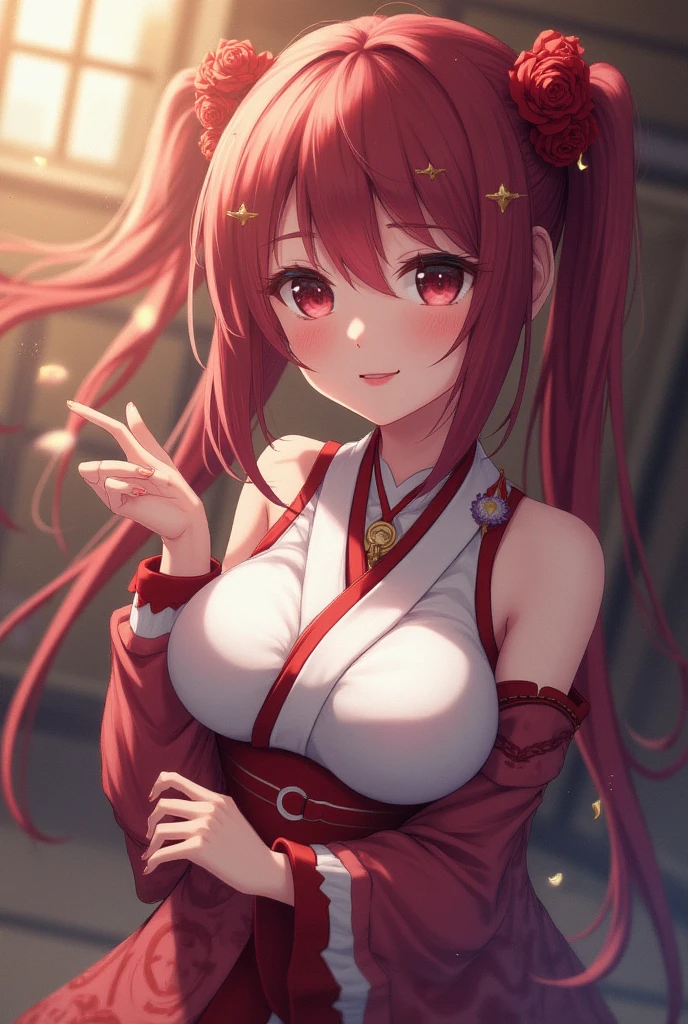 ((8k resolution))、((highest quality))、((masterpiece))、((Very detailed))((((dramatic))), (Anatomically correct)、The depth of the object to write、perspective:Spy Camera、front、one person、woman、Slim but muscular body, Toned arms, length, Thin legs, Center of chest、Athletic Presence,(Hairstyle:undercut 、Long Red Hair、Flower Hair Ornaments、Three white eyes、Double teeth、smile、Embarrassed expression)、Undressing kimono、(theme、whole body:1.1)、Early summer background、Fresh green、Japanese-style room