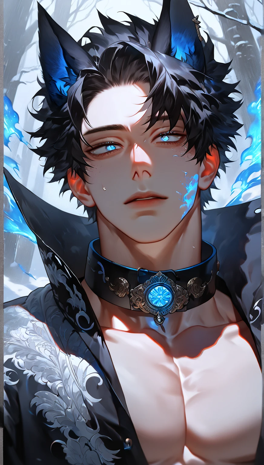 young man A 27-year-old handsome, manly , Alfa male,six-pack, black hair ,white skin, yellow eye pupils ,wearing long big indigo blue transparent cloth of light and water,naked , big long erection dick ,king of ice , golden accents,fullbody, black thorny plants made of ice ,sitting on Thorne ,point of view from below, background castle room night , body covered by sperm, sperm everywhere,in marvel comics panels marvel comics art style,8k (masterpiece,best quality,ultra_detailed,highres,absurdres) (detailed shadow) (quality light),1 mature male, 30-ish, (wide shoulder), ((no chest hair)(bangs part on side 3:7 ratio), blue eyes (detailed eyes), upper body, short hair, looking at viewer, parted lips, round eyewear, fantasy, (detailed background),