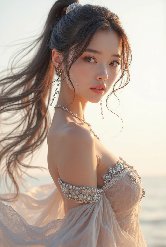 super high quality, 8k, RAW photo, realistic, beautiful woman's beautiful back, sparkling hair blowing in the wind, large breasts visible from the side, sharp eyes, and an artistic and fantastical beautiful background, professional flare lighting