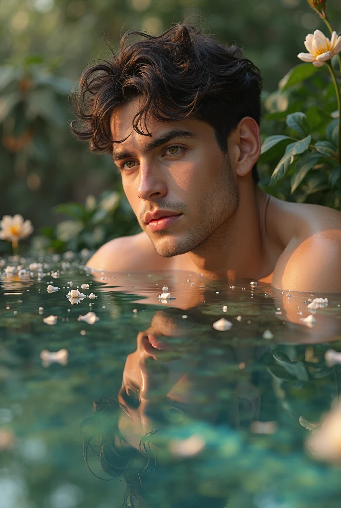 A cute young handsome man bathing in a nice swamp