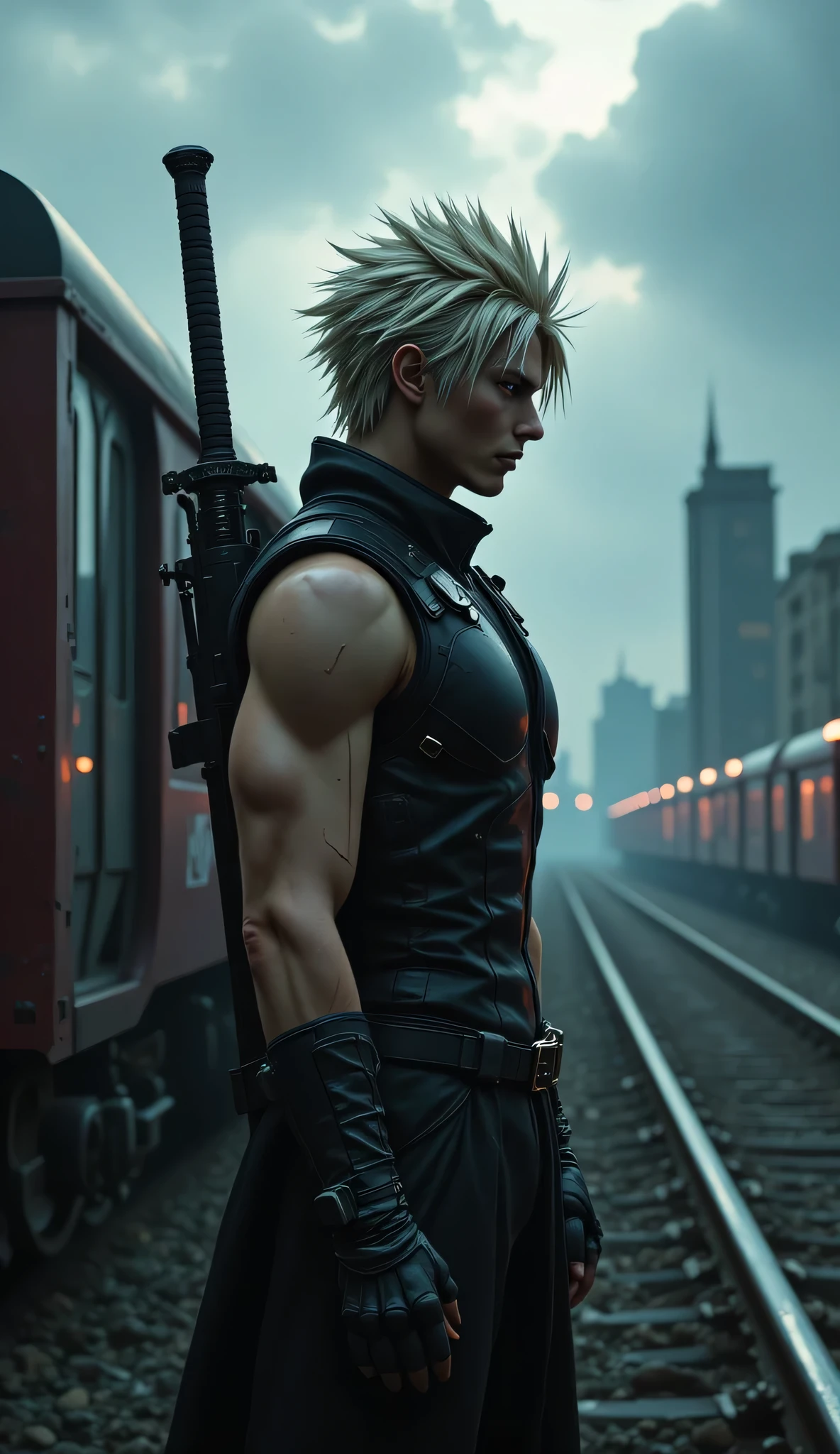 ((best quality)), ((masterpiUltra-realistic cinematic showcase of a man resembling Cloud Strife, platinum spiked hair, black sleeveless tactical outfit with shoulder armor, standing on top of a train car entering Midgar, Buster Sword sheathed on his back, glowing neon lights reflecting on wet metal surfaces, dramatic cloudy sky above, mist and particles in the air, camera low angle from side, photo-real film still, Final Fantasy Advent ren tone
ece)), (detailed), 1girl, off-shoulder sweater,