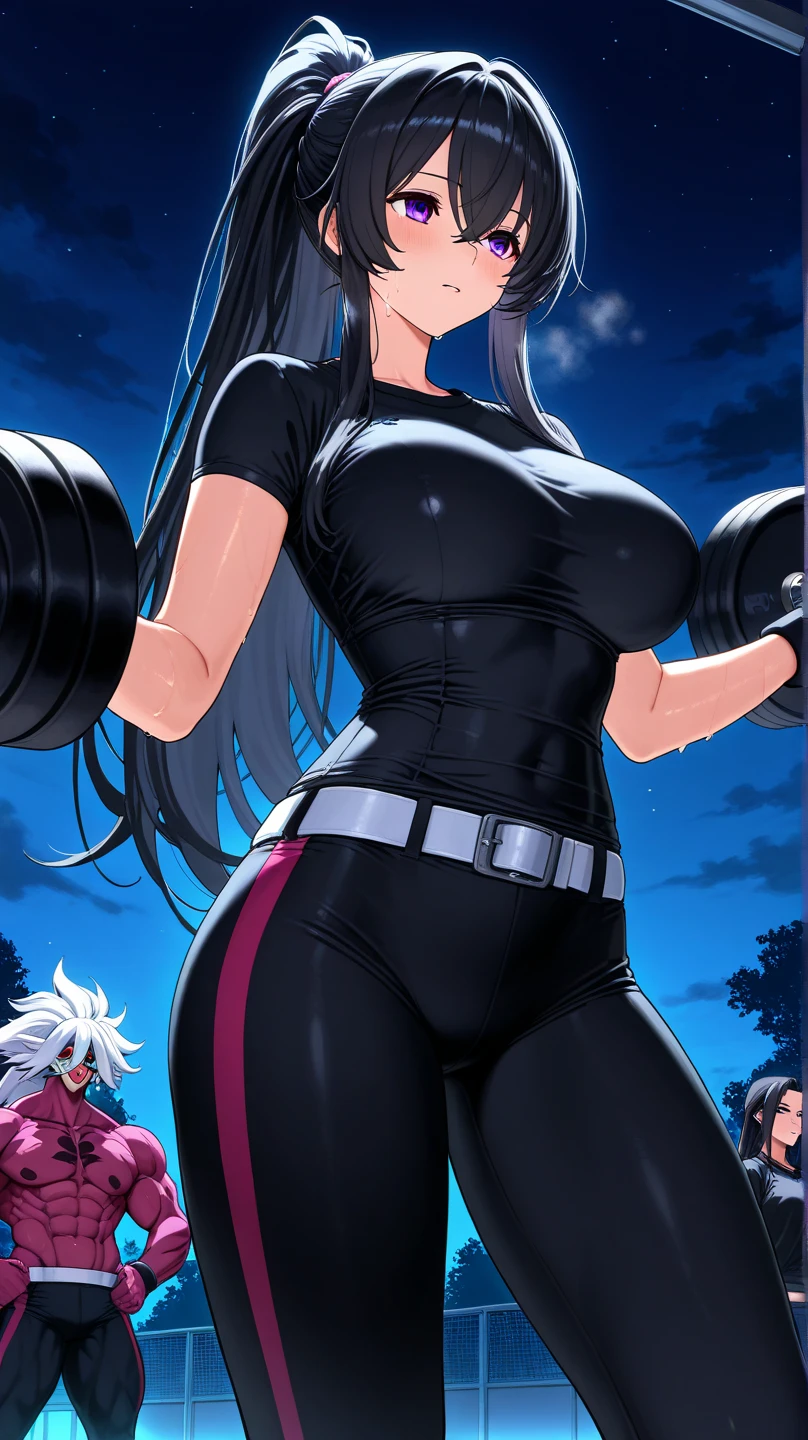 gym, workout, hot, sweating, black hair, sweaty, white clothes , white yogapants, dark skin, tan, big , tan skin, Best quality, surrounded by males, surrounded, surrounded by men, men checking out women at gym, surrounded by multiple men at gym booty medium breast, big breasts breasts, dark slin, black skin, entitled, looking down, gyaru, angry,black hair,  black ponytail ,  dark skin, massive ass, black hair, very curvy, dark brown skin, men checking out women at gym, surrounded by multiple men at gym black ponytail  Brown eyes, slutty, gym, gyaru, older woman, milf, full lips, seductive, black ponytail , anoyed look, milf, older woman,   white clothes, yoga pants, gym, black skin, dark skin, massive breast, wide hips, darkskin, tan, black hair, dark hair,  white clothes ,,curvy woman,curvy woman, ,gym, in gym, white clothing, white yogapants, sfw, gym, white pants, white clothes, white yogapants, black hair, brown skin, curvy woman, milf,  ponytail, curvy woman, men checking out women at gym, surrounded by multiple men at gym, angry, angry women. Angry 
