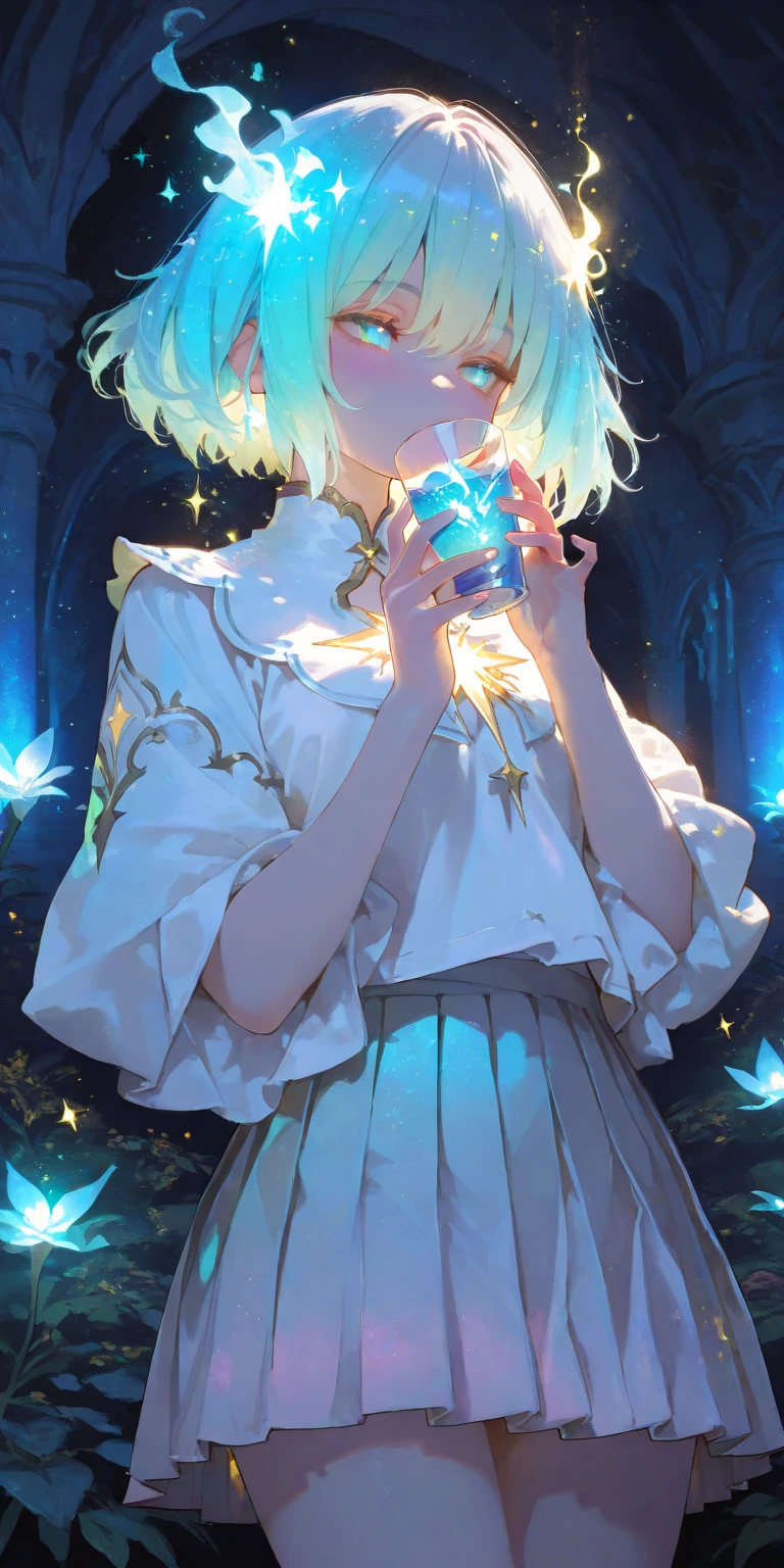 unicorn, 1girl,solo, (medium breasts:1.1), wariza, phgls, in container, bottle,submerged,white dress,white detached sleeves,white criss-cross halter, (white thighhighs:1.5), hair ribbon, garden,flower, day,sunlight,