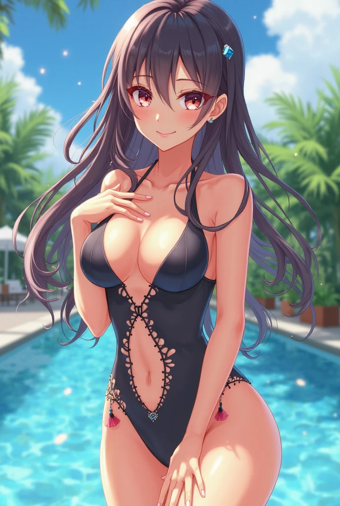 realisitic、top-quality、 1 人、20yr old、2Color hair、piercings、Shy face、Fancy Bikini、beautiful boob 、sexypose、s ass、Near the river at night、bru、Particles of light、profetional lighting、shooting stars、wall-paper、