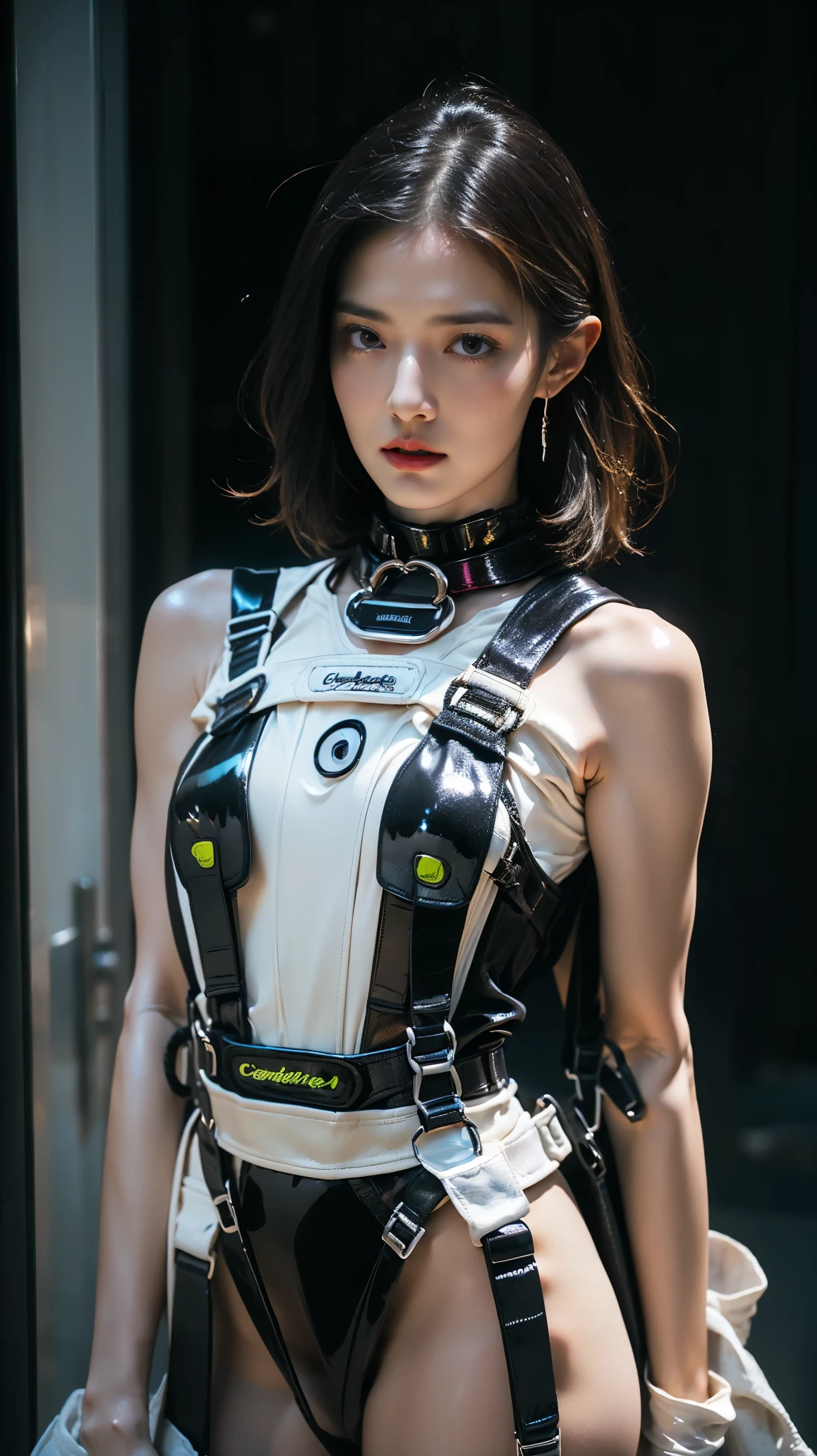 (8k, RAW photo, best quality, masterpiece: 1.2), (realistic, photorealistic: 1.37), 1 girl, 20s, professional lighting, photon mapping, radiosity, ripped, big, pubic shape clearly visible, gal , Lots of lashes, Lame on the eyelids, (wearing white latex tube dress likes police uniform, wearing high-tech headset, military harness, granaderight red lips, Crotch wide open, background inside concrete wall,