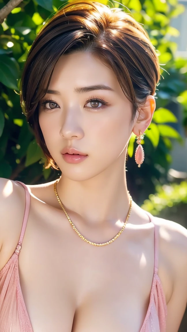 ((Highest quality, 8K, masterpiece :1.3)), Sharp focus :1.2, Beautiful woman with perfect figure :1.4, Slim Abs :1.2, ((Big Breasts, Emphasize cleavage:1.3)), (Photorealistic:1.4), (realistic:1.4), (Short Bob Hair, Light brown hair:1.5), Highly detailed face and skin texture, Fine grain, double eyelid. Makeup face. A little bit of lipstick, necklace, Earrings, sex appeal, Sexy gravure pose, ((Beautiful woman in pink lingerie、garden、Natural smile、A pose where the straps of the lingerie are pulled slightly。:1.3)