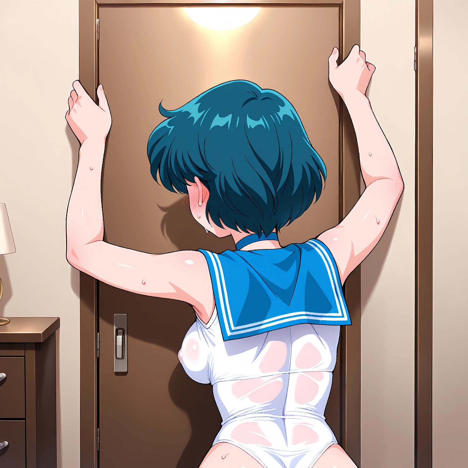 1 Beautiful Girl, Sailor Mercury, Bluish short hair, blue elbow pads White long gloves, (Sailor Senshi Leotard:1.4), (The leotard is white:1.7), Blue collar and ribbon, Thin fabric leotard, (blush), masterpiece, highest quality, High resolution, (With a 30-year-old mafia man, penis:1.4), Perfect limbs, (Mating press:1.2), sexual intercourse, ((((penis enters vagina)))), behind, (Beautiful crotch), Spread your legs, Beautiful vagina depiction, ((Binding, Rotate your arms behind your back:1.4)), ((Restrained by rope)), A beautiful girl has sexual intercourse with a man