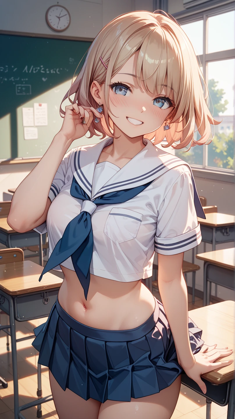top-quality、Top image quality、masterpiece、girl with((18year old、Sailor suit with short sleeves、Black Sports Bra、Blue short skirt、Best Bust、Bust 85、a blond、Longhaire、Blue eyes、open chest wide、Happiness、Black wristband on wrist、A slender、Shy face、Sexy Shots、耳Nipple Ring、all fours pose))hiquality、visualart、magazine、Background with((Morning School、Classroom))、masutepiece、