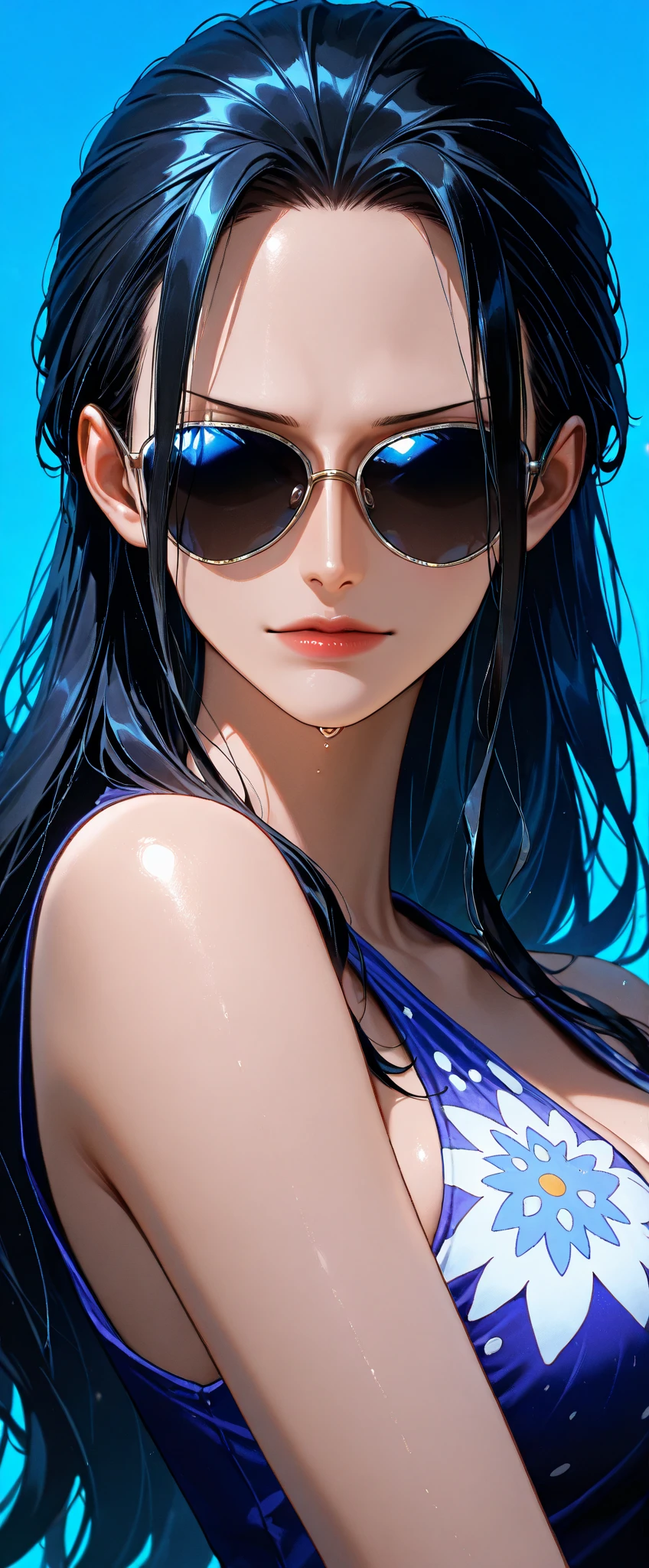 ultra realistic 8k cg, masterpiece, ((ultra detailed background, delicate pattern, intricate detail)), (highly detailed, fine details), best quality, 1girl, (photorealistic:1.4),beautiful lighting, absurdres, RAW photo, film grain, ((medium breasts, slim girl)), NicoRobinV2, 1girl, black hair, long hair, solo, medium breasts, (smile), sunglasses, blue eyes, eyewear on head, cleavage, closed mouth, hair slicked back, jewelry, collarbone, (swimsuit, crop top, cloth around waist), (complex detailed background, outside, nature environment, ocean, beach, sunny),
<lora:BeautifulDetailedEyes:0.8>, <lora:DetailTweaker:0.5>, <lora:NicoRobinV210:0.8>