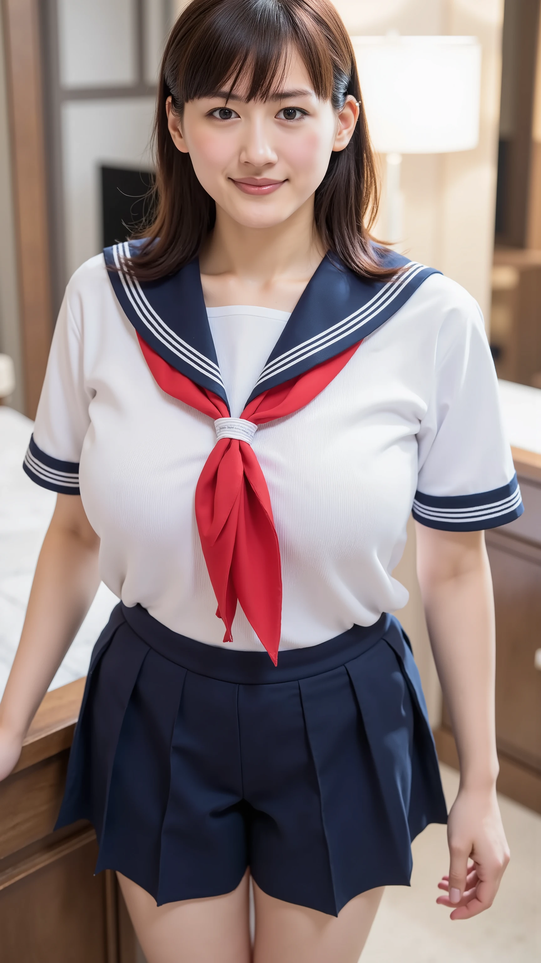    wearing a traditional Japanese uniform   、 The body is covered with a sailor suit with a white collar and dark blue lines 、 wearing a dark blue pleated skirt、  red scarf with black nose、(((((  girls on the left:2.86))))),( masterpiece, top quality:1.9),8k, RAW photo ,nsfw,  detailed skin,詳細な毛穴,baby face,(((Youngface):1.7)),((   young body):1.6), reality,  hotel room 、(   lean forward :1.67)、(huge breasts:1.2), full body、Black hair tied at the back of the neck、 if you stare shyly at the bangs、 hides my forehead 、braids