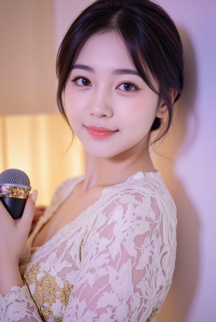 (masterpiece:1.3), High resolution, Super detailed, Highly detailed CG Unity 8k wallpaper, Realistic, photo-Realistic, RAW Photos, Beautifully detailed face, Pale skin, Realistic glistening skin, Detailed cloth texture, Detailed hair texture, Perfect body, Beautiful Face, Accurate, Anatomically correct, Highly detailed face and skin texture, Natural neck length, (Beautiful Hands), (Fair skin:1.1), (Good teeth alignment:1.1), (Sweaty skin:1.2),
break,
Fine grain, Symmetrical eyes, Light brown eyes, double eyelid, Thin eyebrows, (Glossy Lips:1.4), ((A face waiting for a kiss:1.2)), (blush:1.1), (Sparkly little hair accessories:1.1), (Beautiful smile:1.1), (Holding a microphone:1.3),
break,
(An elegant and cute 35-year-old idol:1.3), (nude, nsfw, Very erotic nipples:1.4),
break,
Medium large breasts, Slim figure, Toned Abs,
((Random hairstyle, Black Hair, bangs:1.2)), (Cowboy Shot:1.2), (View your viewers), Cowboy Shot, (from the front:1.5),
break,
(Singing on stage:1.3),