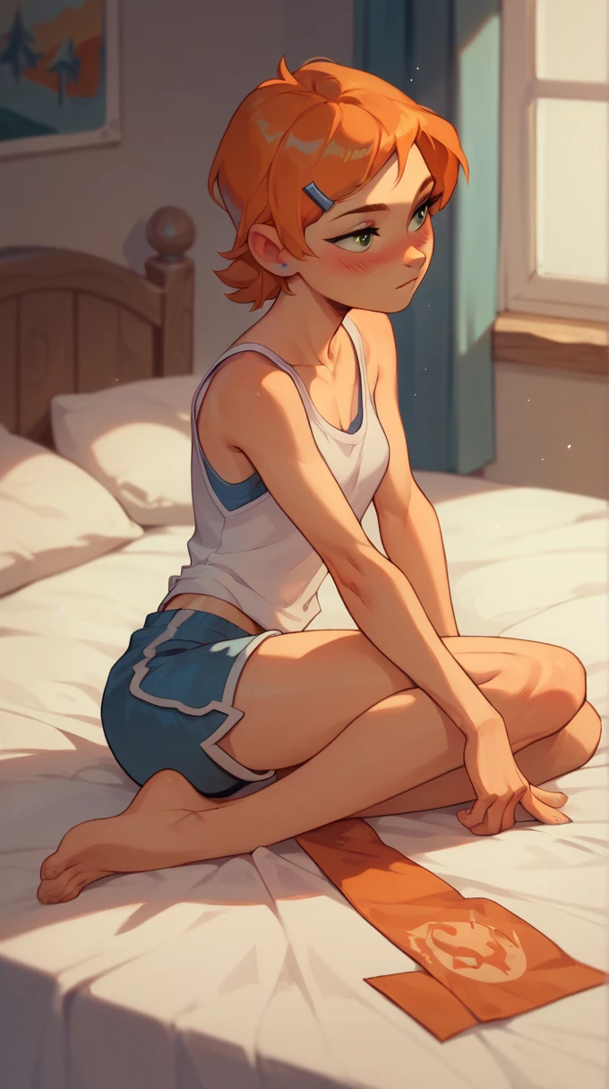 shortcut,Red hair color,blue eyes,10 years old,boyish,Asian,smile.primary school student,full nude,tanned skin,thin,Completely naked,sleeping face up on the bed,Completely naked,spread your legs,