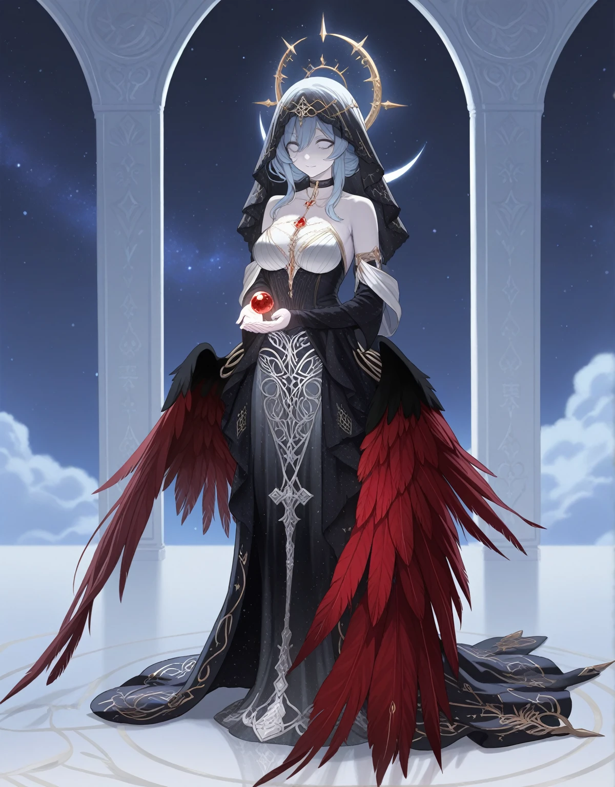 Pale skinned woman, cabelos negros e ondulados; olhos completamente negros, athletic and muscular body, vestindo armadura coberta e dourada, detalhes de pedra rubi vermelho escarlate, feita de serpentes, lobos e corvos no corpo; crown of bones with scarlet roses under the head; standing pose; in a putrefied landscape with corpses, destroyed dark, floresta em tons roxo, indigo, baby blue and cobalt, rosa pink;