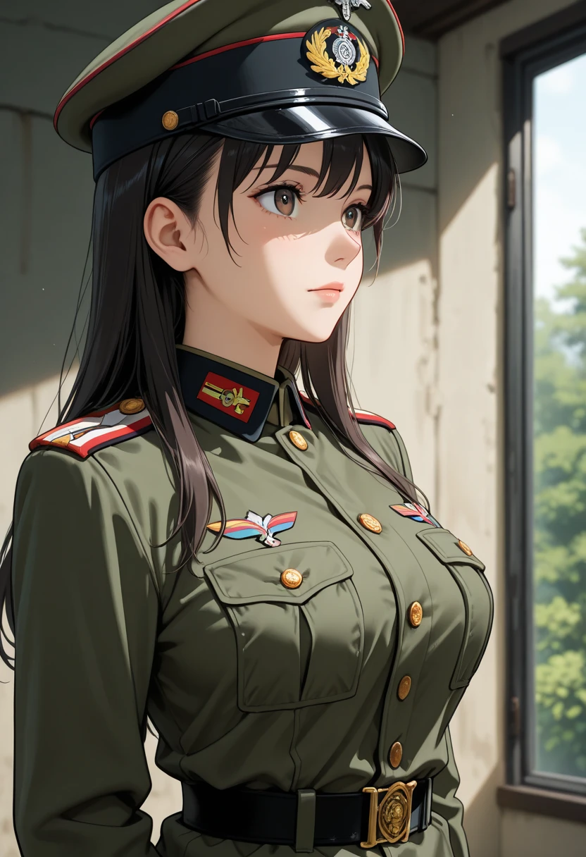 1 dark haired woman, Madura, middle aged woman, milf, pearly skin, wearing green military uniform, sharpened, faded screen.