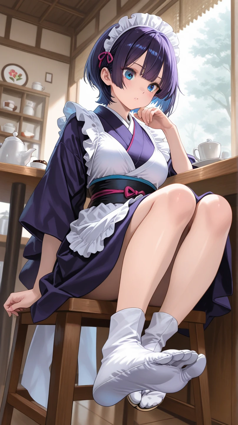 Perrin, Muticolired hair, blue hair, fancy kimono, wink, teasing smile, big breasts, cleveage, lifting skirt, fancy panties, looking at veiwer ,best quality, 1 girl, masterpiece
