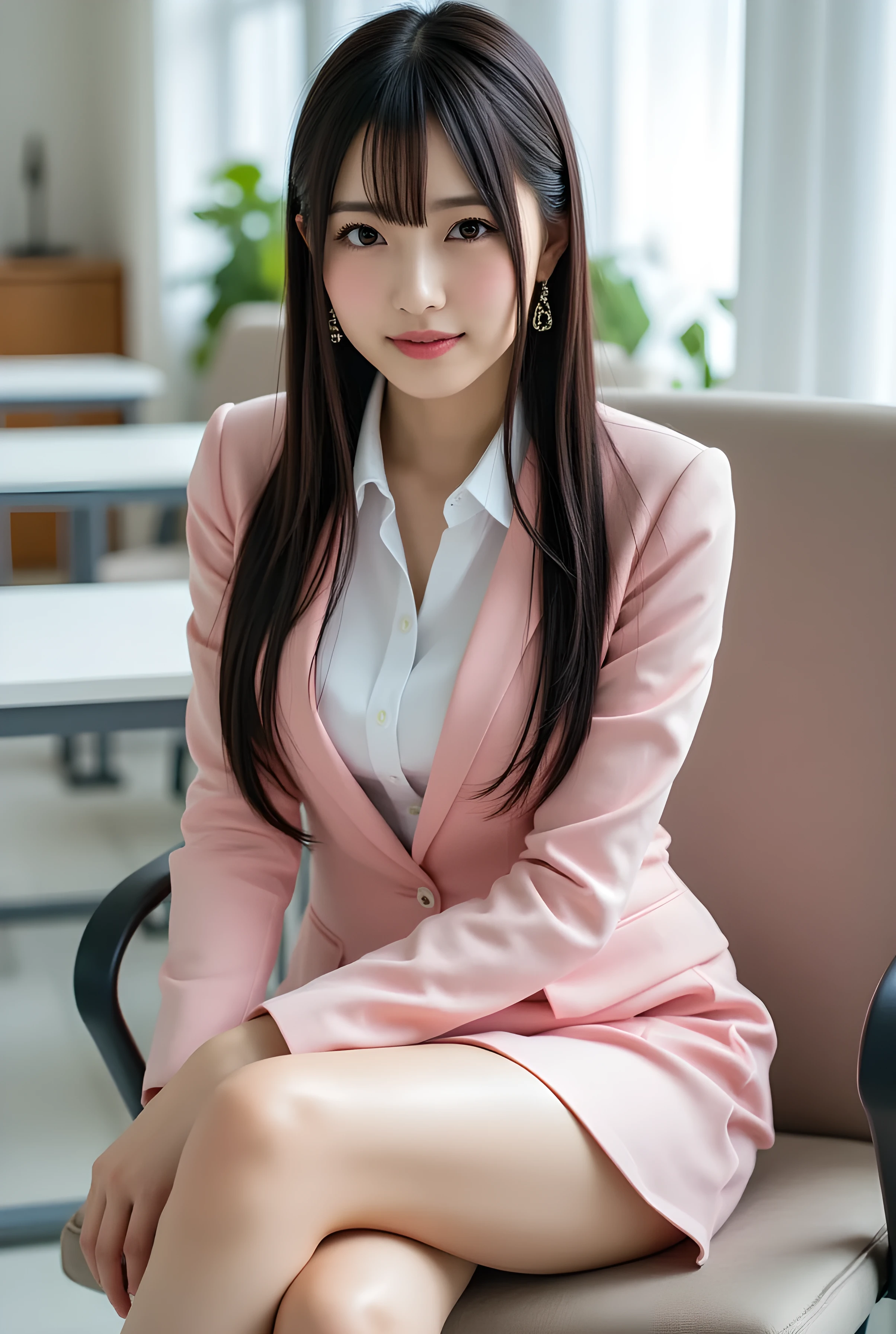 (full body image:1.5), (From the top of her head to the tips of her feet :1.5), (太ももからhigh heelsにかけての脚線美:1.5), Sleek long black hair , Professional Office Lady with Long Dark Hair, is sitting in a chair with her legs crossed, The height of the chair is 60cm, Highest Quality, detailed eye and skin textures, Studio Lights, 30 years old, dark eyes, elegant, medium chest, plump lips, earrings, Pink tight suit, white blouse, miniskirt, satin pantyhose, high heels, long sleeve, slight motion blur , light motion blur, side view, Focused Expression, full body, (つま先やhigh heelsを入れてください:1.5),
