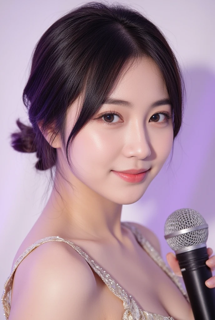 (masterpiece:1.3), high resolution, ultra detailed, extremely detailed CG unity 8k wallpaper, realistic, photo-realistic, RAW photo, beautiful detailed face, pale skin, realistic glistening skin, detailed cloth texture, detailed hair texture, Perfect body, Beautiful Face, accurate, Anatomically correct, Highly detailed face and skin texture, natural neck length, (beautiful hands), (fair skin:1.1), (well-aligned teeth:1.1), (Sweaty skin:1.2),
BREAK,
Detailed eyes, symmetric eyes, Light Brown eyes, Double eyelids, Thin eyebrows, (Glossy lips:1.4), ((A face with waiting for a kiss:1.2)), (blush:1.1), (A sparkling small hair accessory:1.1), (beautiful smile:1.1), (having microphone:1.3),
BREAK,
(A classy and Cute junior idol, 14-year-old:1.5), (nude, nsfw, nipple:1.4),
BREAK,
very small breasts, slender figure, firm abs,
((half updo, black hair, bangs:1.2)), (cowboy shot:1.2), (looking at viewer), cowboy shot, From above,
BREAK,
(singing on stage:1.3),