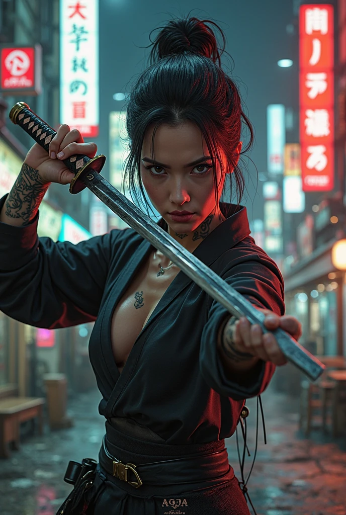 Demon slayer character with slicked back black hair, dark brown eyes, a scar on the corner of the lip holding a katana with a pink blade