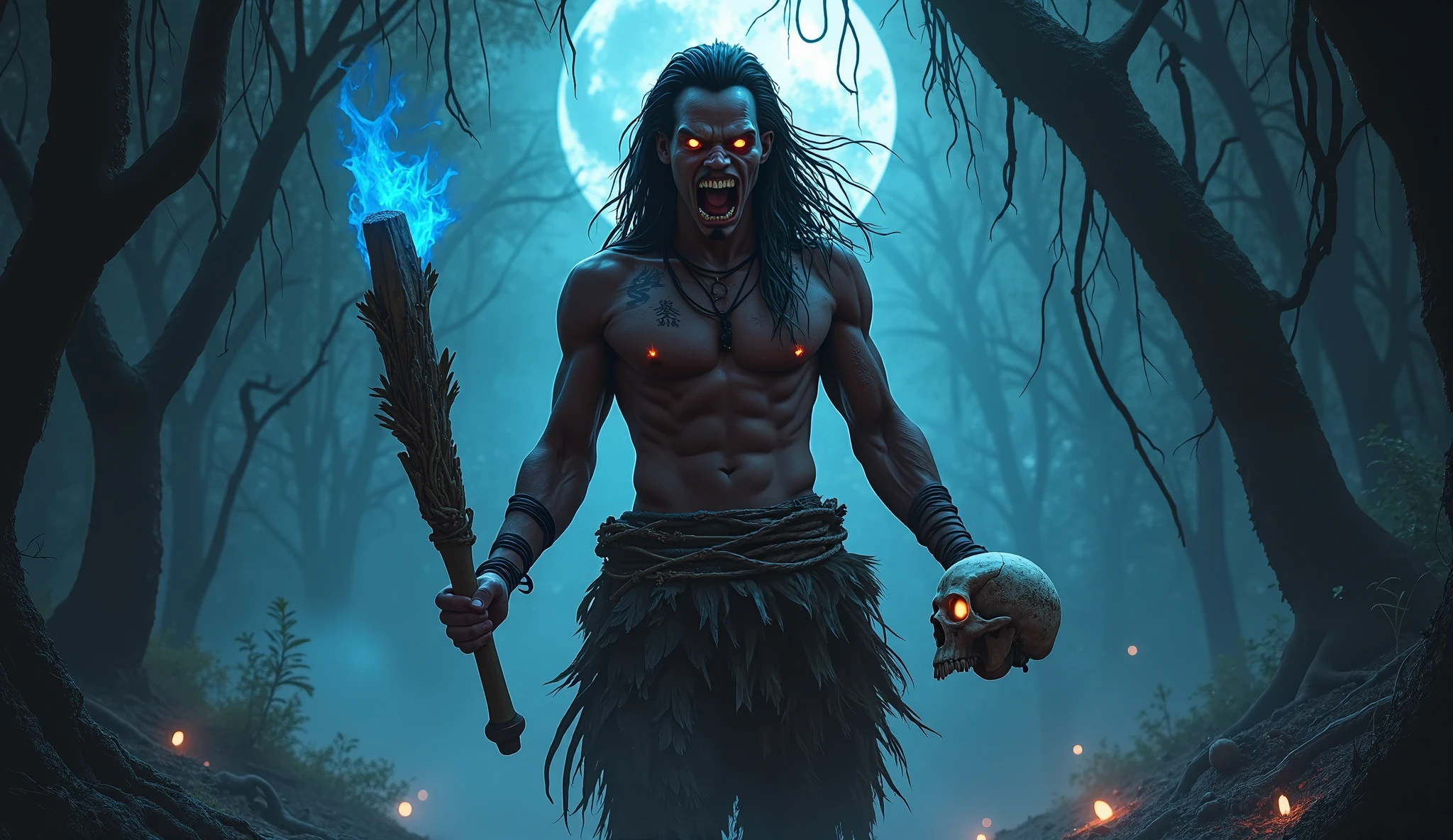 a highly detailed, hyper-realistic humanoid monster with long dreadlocks, glowing eyes, sharp pointed teeth, intricate glowing tattoos or markings, armor or clothing made from bones, scales, and enchanted metals, clawed hands and feet, standing in a dark, eerie forest or desolate otherworldly landscape, wearing accessories like amulets, rings, and chains, with wings or additional limbs, wielding an ancient powerful weapon with runes and glowing elements, (best quality,4k,8k,highres,masterpiece:1.2),ultra-detailed,(realistic,photorealistic,photo-realistic:1.37),dark fantasy,cinematic lighting,dramatic shadows,moody atmosphere,vibrant colors,intricate details