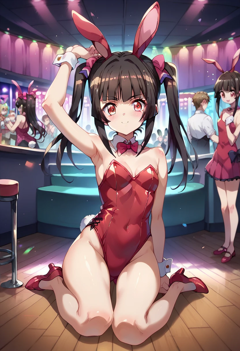 A young girl with small breasts, slender thighs and an open mouth provocative smile wearing a high-leg light red bunny suit、light red curly hair、high-level image quality、Anime style、NSFW、Pussy、A large amount of love juice is flowing from the、Being in a casino