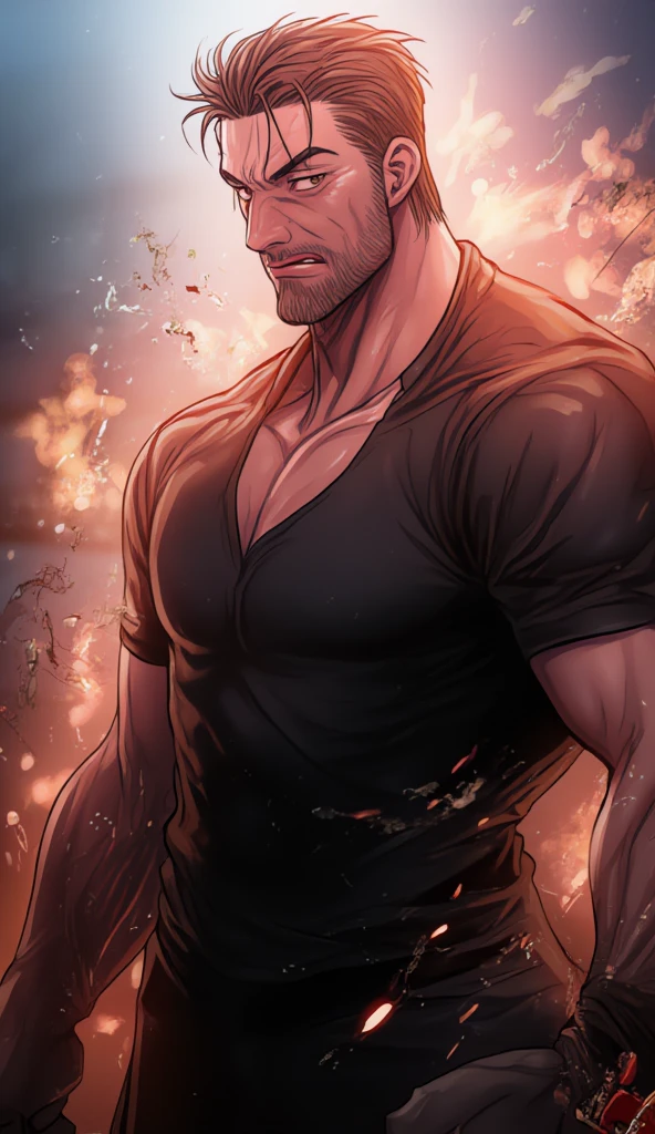 (Create a masterpiece: 1.2),(CGI art:1.3),(realistic:1.5),(After processing:1.3),(Sharp focus:1.3), (man Fight, join in battle:1.5 ),sunglass, straight, front ,Chris Redfield ,(black hair), smile open mouth, (Wear color navy round neck T-shirt: 1.5), (with a Police badge: 1.2), navy cargo, (Torn shirt:1.6), (wound: 1.3) , (blood splatters) ,( abrasions on face: 1.5), (Blood stains on the face and body: 1.4), Korean guy , korean men, (High gloss details), chest muscles, large arm muscles, blood vessel, Big muscles, Broad shoulders, looking at the audience, Balancing the eyes, middle of the road,(Fire blazes behind)