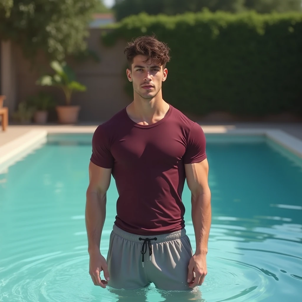 a handsome topless boy, masculine, realistic, upper_body, (masterpiece, best quality:1.2), darelljones, elegant pose, white shirt, swimsuit, pool, outdoors, natural light,, (masterpiece,best quality:1.5)