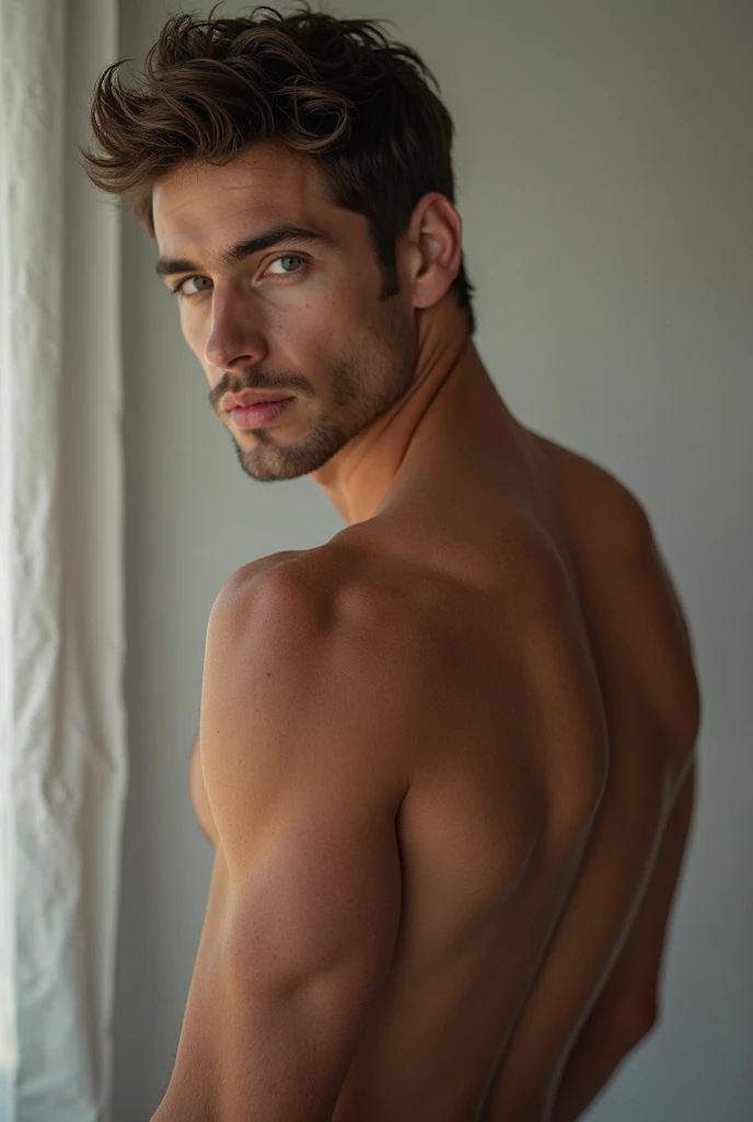 a young male model, Athletic build, shirtless, naked, medium erect penis, pink and sexy ass, strong and confident pose, bedroom, recostado naked con las piernas levantadas mostrando su culo lampiño, (Best Quality, 4k, 8k, High resolution, masterpiece:1.2), ultra detailed, (realist, photorealist, photo-realist:1.37), HdR, HD, studio lighting, very detailed eyes and face, vibrant colors, bokeh