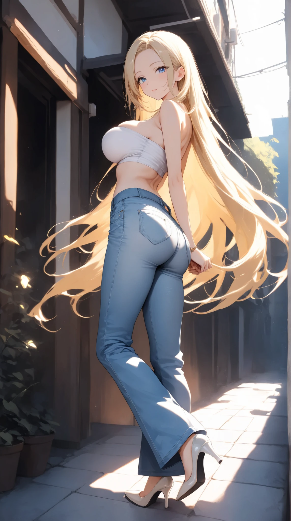 best quality, highres, 8k, masterpiece, immersive atmosphere, chiaroscuro:(1.5, bright light:1.2, luminous lighting), blurring, (background blur:1.5),
(dynamic angle, seductive pose:1.2), outdoors, downtown, (legs focus, full body:1.5), delicate features, (beautiful face, beautiful eyes, beautiful legs), not safe for work, (opaque:1.5), high contrast,
1girl, (solo), 20 years old, white skin, blue eyes, blonde hair, straight hair, very long hair, forehead, bright lips, seductive smile, (slender figure:1.1), (white croptop:1.2), sleeveless, cleavage, large breast, hard nipples, navel, (blue jeans:1.4, flares pants:1.2), (black heels:1.2)
