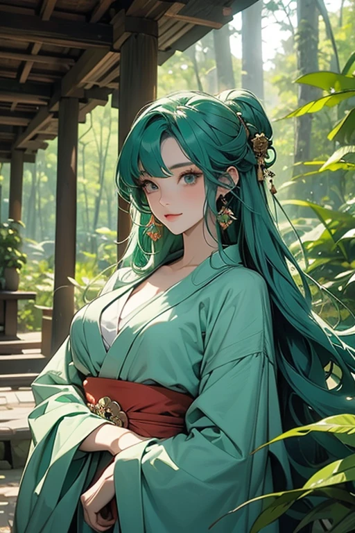 
High resolution, smile, Earrings, Ukiyo-e, Horns of the beast, Green eyes、tooth, Long Hair, Background New York、whole body、Fantasy、
