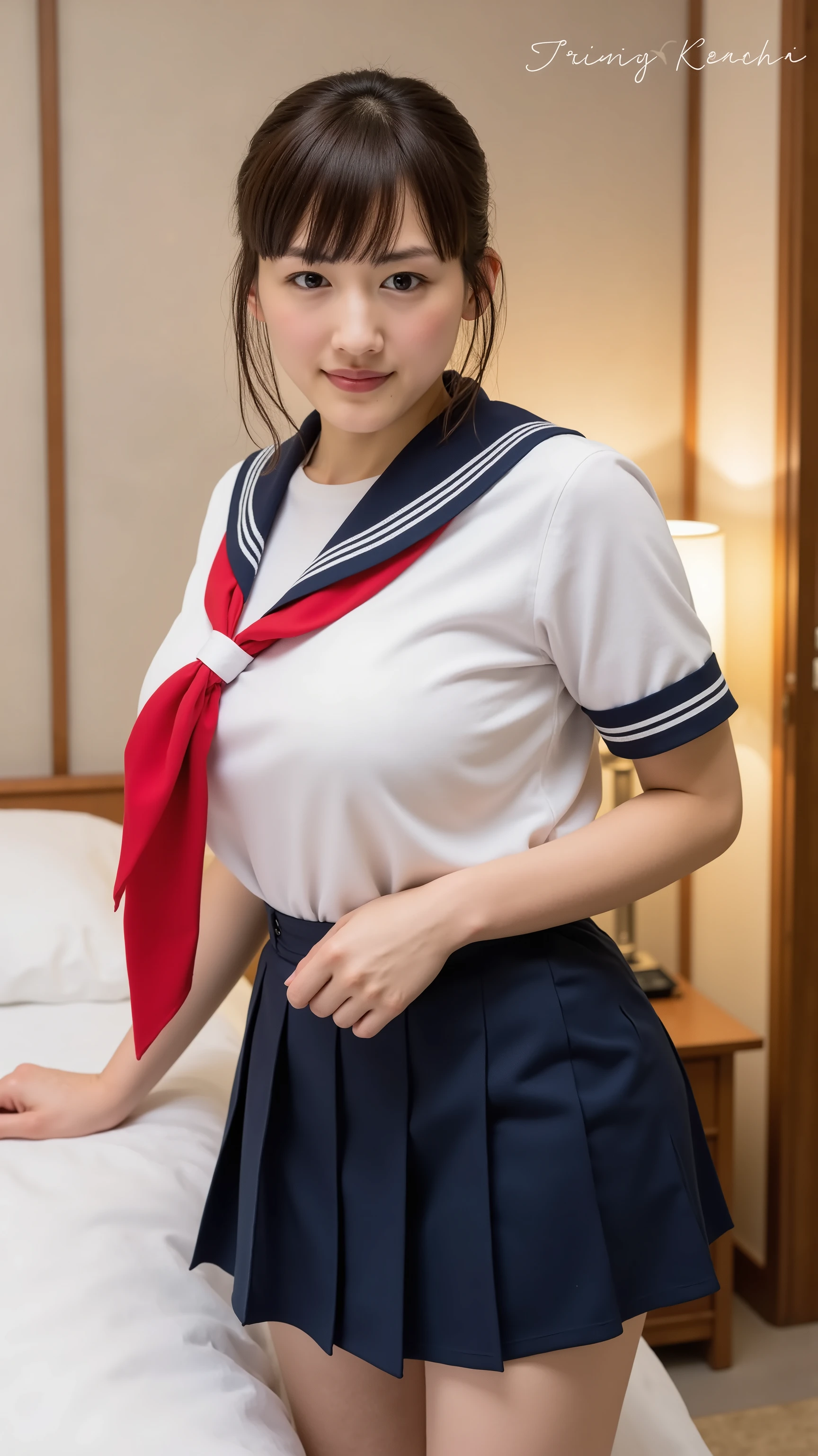    wearing a traditional Japanese uniform   、 The body is covered with a sailor suit with a white collar and dark blue lines 、 wearing a dark blue pleated skirt、  red scarf with black nose、(((((  girls on the left:2.86))))),( masterpiece, top quality:1.9),8k, RAW photo ,nsfw,  detailed skin,詳細な毛穴,baby face,(((Youngface):1.7)),((   young body):1.6), reality,  hotel room 、(   lean forward :1.67)、(huge breasts), full body、Black hair tied at the back of the neck、 if you stare shyly at the bangs、 hides my forehead 、braids