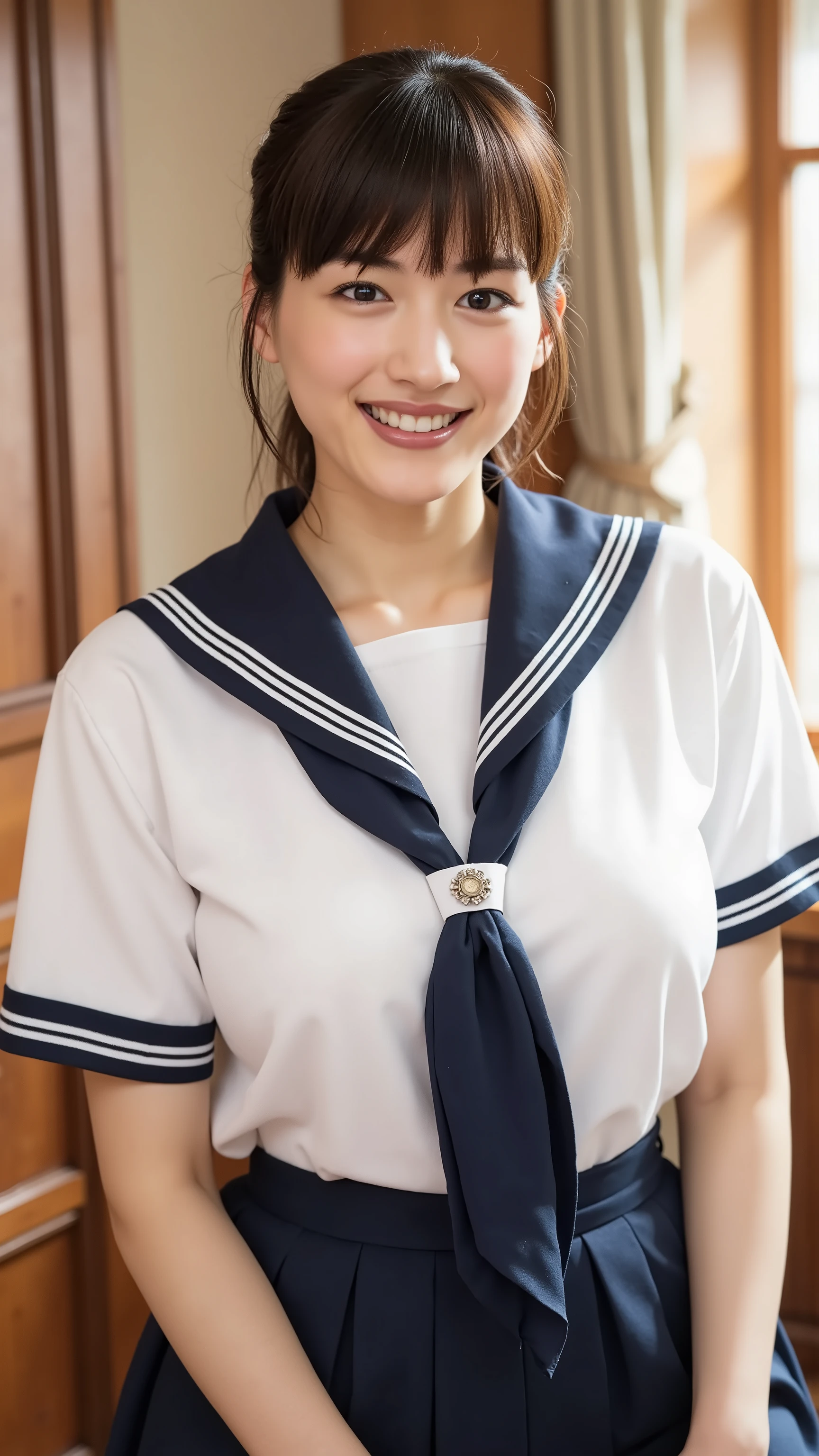 wearing a traditional Japanese uniform 、 The body is covered with a sailor suit with a white collar and dark blue lines 、 wearing a dark blue pleated skirt、 red scarf with black nose、((((( girls on the left:2.86))))),( masterpiece, top quality:1.9),8k, RAW photo ,nsfw, detailed skin,詳細な毛穴,baby face,(((Youngface):1.7)),(( young body):1.6), reality, hotel room 、( lean forward :1.67)、(huge breasts), full body、Black hair tied at the back of the neck、 if you stare shyly at the bangs、 hides my forehead 、braids