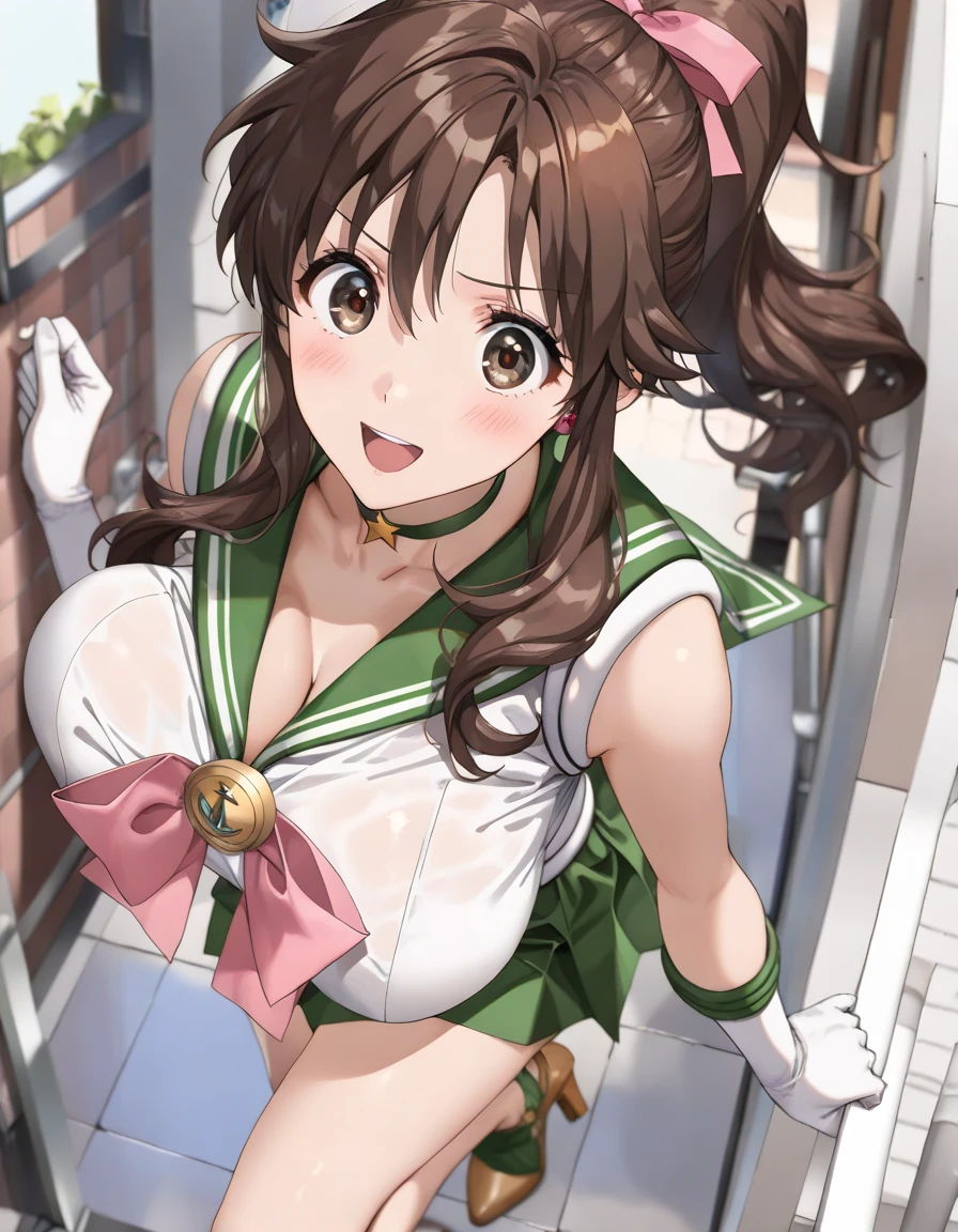 (masterpiece, best quality, high resolution, 2D, anime cels, megami magazine, 8K, Official art, sharp line), EPsmSailorJupiter, 1girl, sailor moon style:1.5, light smile, blush, brown long hair, ponytail, (large breasts:1.2), cleavage, (white bikini), light green sailor collar, (white elbow gloves), (leaning forward:1.5, hands on desk:1.5), desk, chair, (from side:2.0, looking away, cowboy shot, standing), (perfect detailed anatomy, beautiful detailed eyes, beautiful detailed face, perfect body, shiny skin), simple background, 