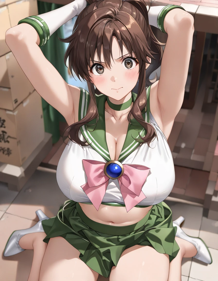 masterpiece, Highest quality, High resolution, Sailor Jupiter　1990s \(style\),、(Big Breasts)、tall、Sweating all over the body、vapor、One man and one woman、(Blowjob)、綺麗なBig Breasts、Muscular、sexy、Face writhing in pleasure、The whole body is covered in sex fluids、Sweaty、Composition from the side、Looking up、Open your mouth and stick out your tongue、 on face、Big penis