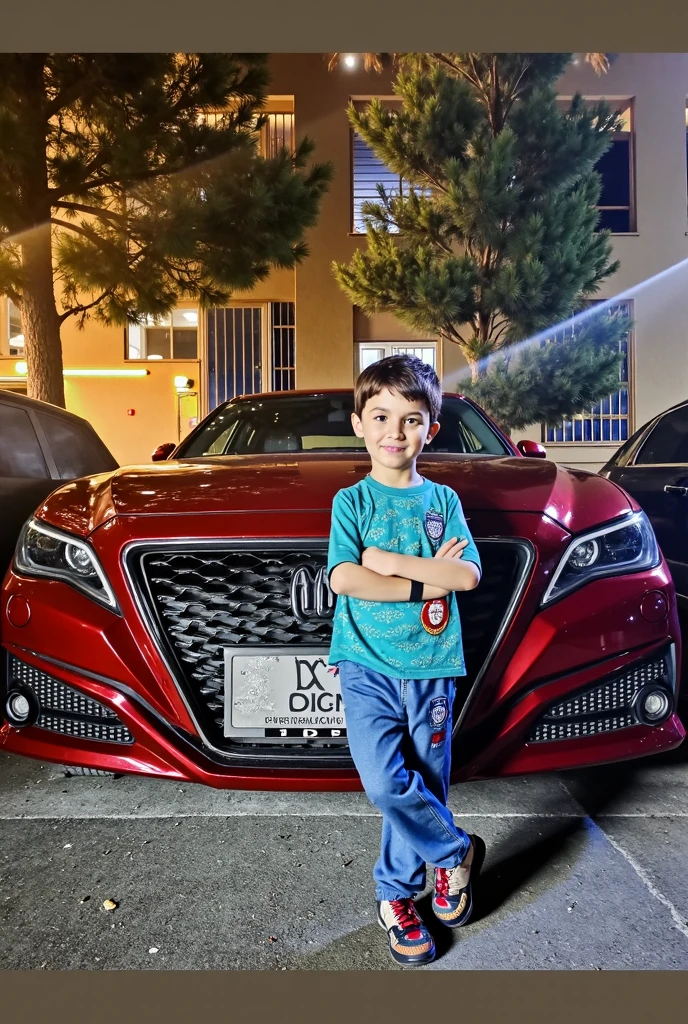 Create another image of a child with a black car and the car says Nissan that is a Nissan march And the child has a t-shirt that says Maximilian and the child has a diamond crown