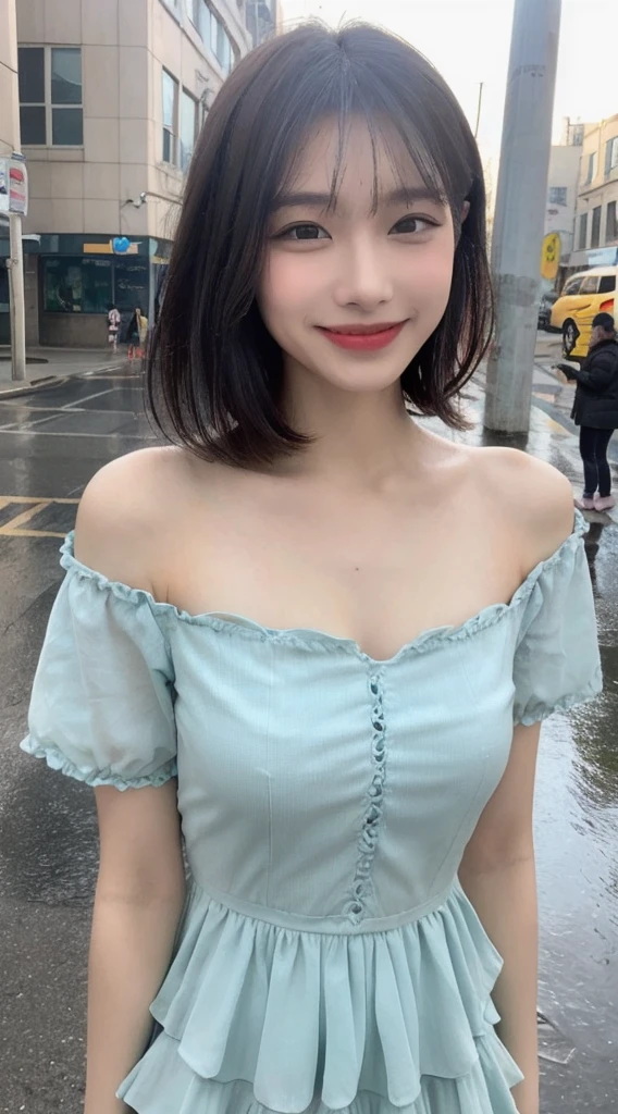 ((Highest quality, 8K, masterpiece:1.3)), concentrated: 1.2, Perfect Body Beauty: 1.4, Hips: 1.2, ((Layered Haircut, chest: 1.2)), (Wet clothes: 1.1), (rain, street:1.3), Bandeau dress: 1.1, Highly detailed face and skin texture, Beautiful Eyes, double eyelid, Whitening skin, Long Hair, (shut up: 1.3), smile