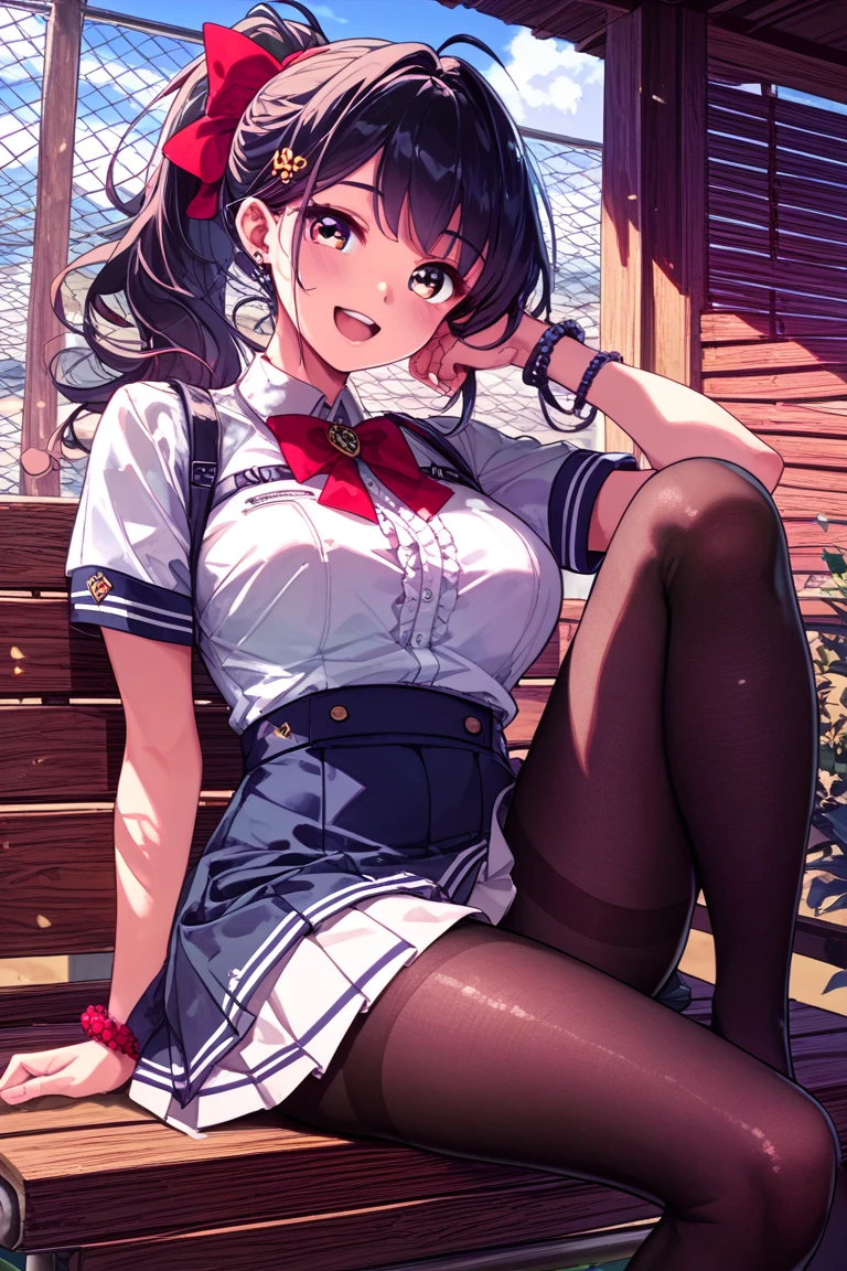 (masterpiece), 4K,woman,Long sleeve sailor suit,Small breasts,Small Ass,Curly Twin Tails,Sun light,Realistic, skinny, Big smile,Frill Bra,((,Wear short bloomers under your skirt)),Sitting on the stairs,((Knee-length pleated skirt)),Angle from below the knee