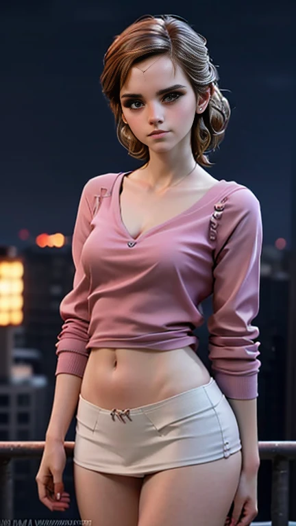 photo of Emma Watson, RAW, beautiful woman, ((portrait)), ((detailed face:1.2)), ((detailed facial feature, detailed skin, clear skin), (perfect proportioned body), (arms behind back:1.25), (wearing an tight pink sweater & jeans) (high detailed city environment, apartment balcony), (realistic photo, best quality, detailed), (8k wallpaper), (cinematic lighting, dramatic lighting) (sharp focus, intricate)