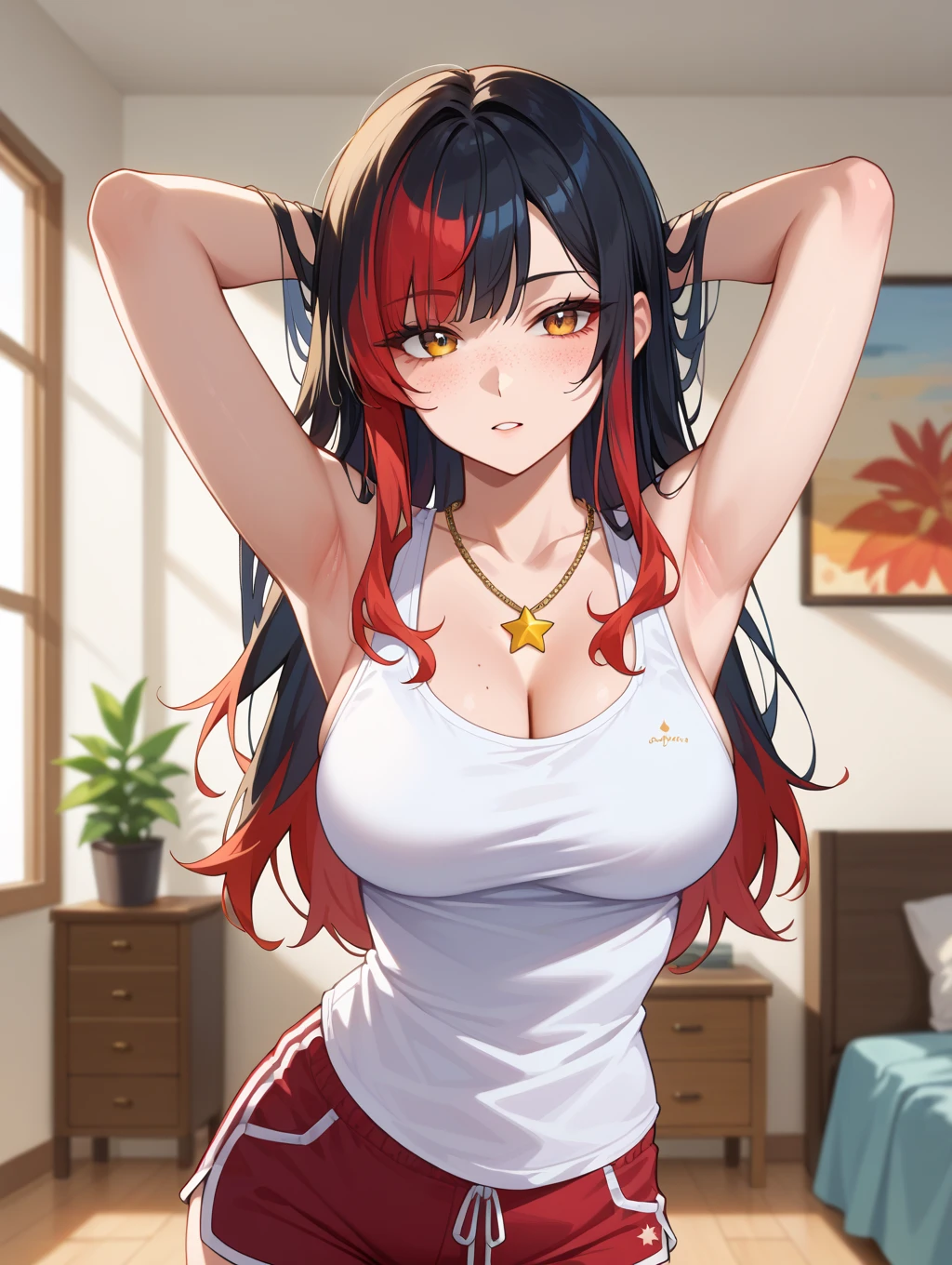 ((premier quality)), ((A masterpie)), (extremely detaild:1.3), sharpening Focus, cinematic lighting, Denim shorts(Girl taking off), Changing clothes, bikinis, red gradient long hair, Messy hair, Floating hair, (tempting-smile), (Fulll body Shot), Top quality 16k, full details, Like the photo, Realstic, White background,