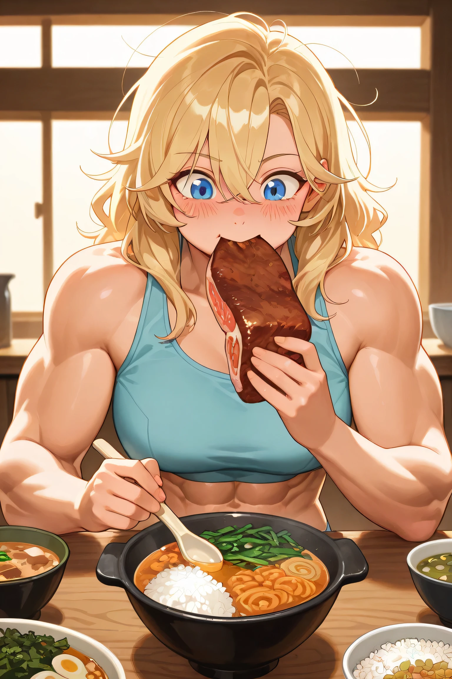 tall muscular blonde woman, athletic and powerful build, defined six-pack abs, wearing a sleeveless tank top or sports bra, sitting at a table filled with food, eating enthusiastically, cheerful and lively expression, long messy blonde hair, next to her is a small blonde boy with blue eyes, cute and slender, blushing shyly, wearing casual clothes or simple pajamas, looking embarrassed and overwhelmed by her presence, big body size contrast, cozy kitchen or dining room background, food variety on the table (meat, rice, soup, vegetables), anime style, warm lighting, humorous and tender atmosphere