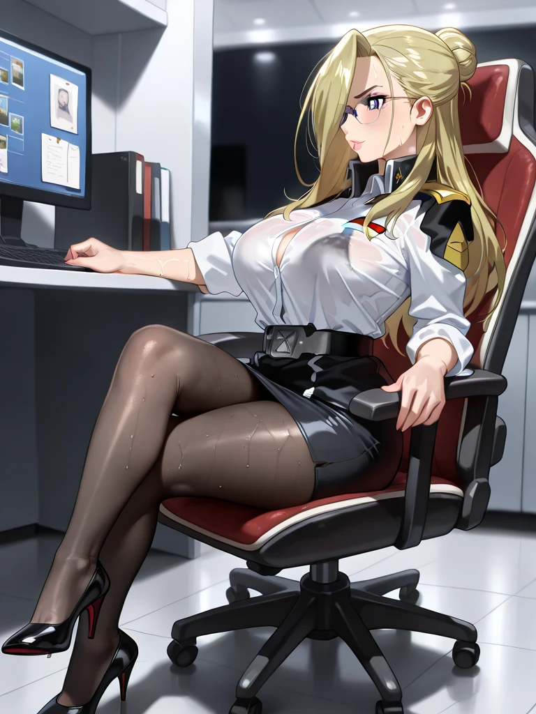 masterpiece, ultra high quality cg, best quality, perfect image, alisa reinford, scrunchie, white jacket, strapless dress, white boots, office, sitting in chair, desk